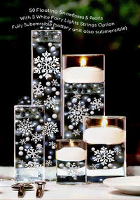 50 Floating White Snowflakes & Pearls- With Transparent Water Gels Fills 1 Gallon for Your Vases- Option: 3 Submersible LED Fairy Lights Strings with Hidable and Submersible Batteries