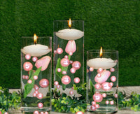 100 Floating Light Pink Pearls with Matching Gems- Large Sizes- Fills 2 Gallons of Transparent Floating Gels for Your Vases - With Gels Measured Prep Bags - Option of 6 Submersible Fairy Lights Strings