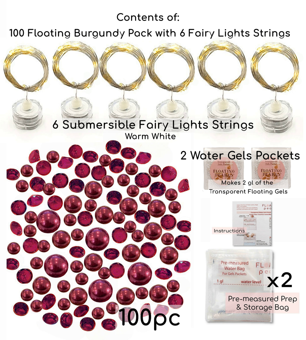100 Floating Burgundy Pearls/Gems- Large Sizes- Option: 6 Submersible Fairy Lights Strings Hidable Submersible Batteries- Makes 2 Gallons of Transparent Water Gels for Vases