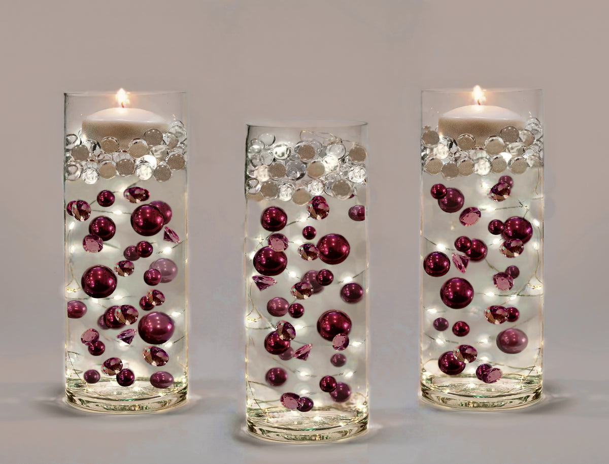 100 Floating Burgundy Pearls/Gems- Large Sizes- Option: 6 Submersible Fairy Lights Strings Hidable Submersible Batteries- Makes 2 Gallons of Transparent Water Gels for Vases