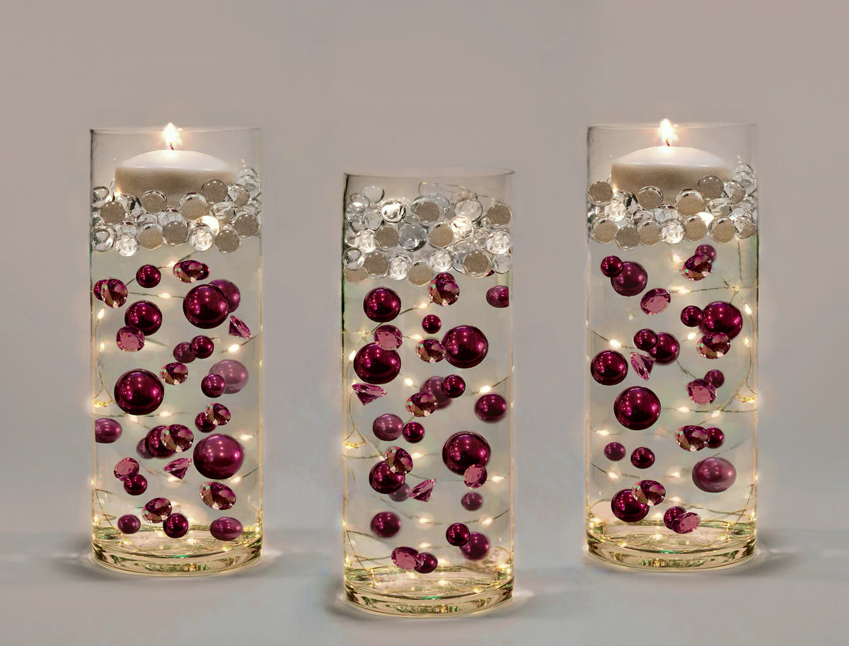 100 Floating Burgundy Pearls/Gems- Large Sizes- Option: 6 Submersible Fairy Lights Strings Hidable Submersible Batteries- Makes 2 Gallons of Transparent Water Gels for Vases