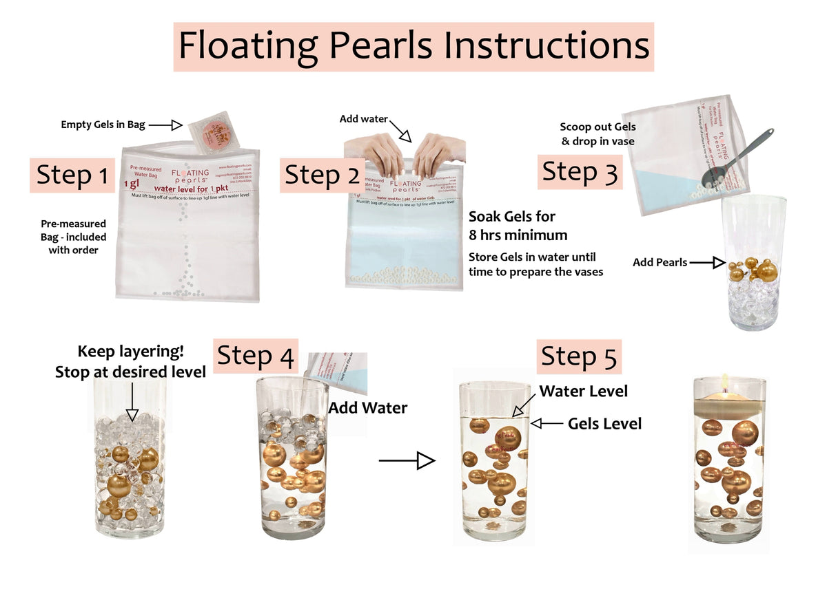 Up To 75pc Floating Custom/Sample Pack - Choose your Colors of Pearls, Gems, and Sizes - Fills 4 Med. Size Vases - Include Floating Transparent Gels Kit with Measured Prep Bag