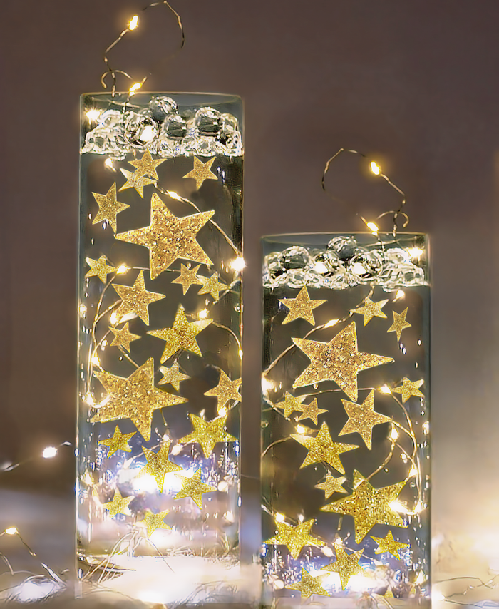 50 Floating Sparkling Gold Stars-Large Sizes- Fills 1 Gallon of Transparent Floating Gels for Your Vases - With Gels Measured Prep Bags - Option of 6 Submersible Fairy Lights Strings