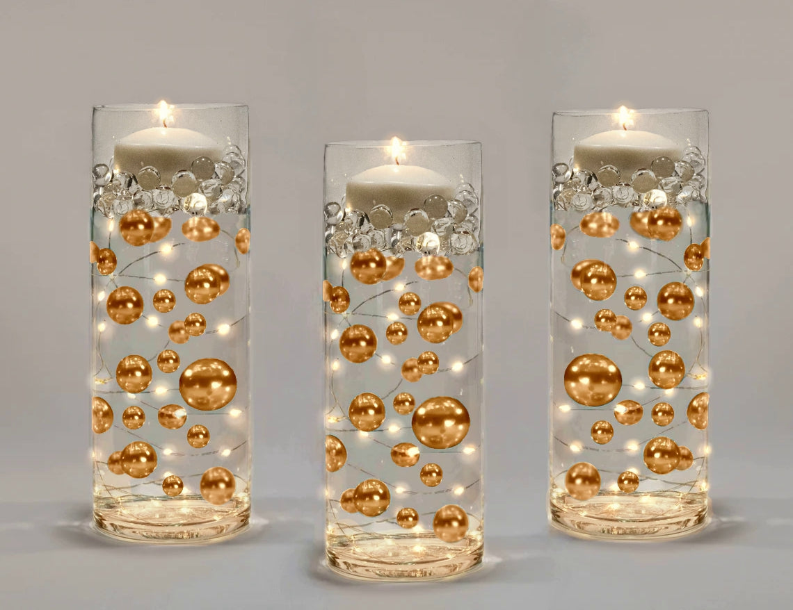 100 Floating Gold Pearls with Gold Sparkling Gems- Large Sizes- Option of 6 White or Warm White Submersible Fairy Lights Strings Hidable Submersible Batteries- Fills 2 Gallons for your Vases
