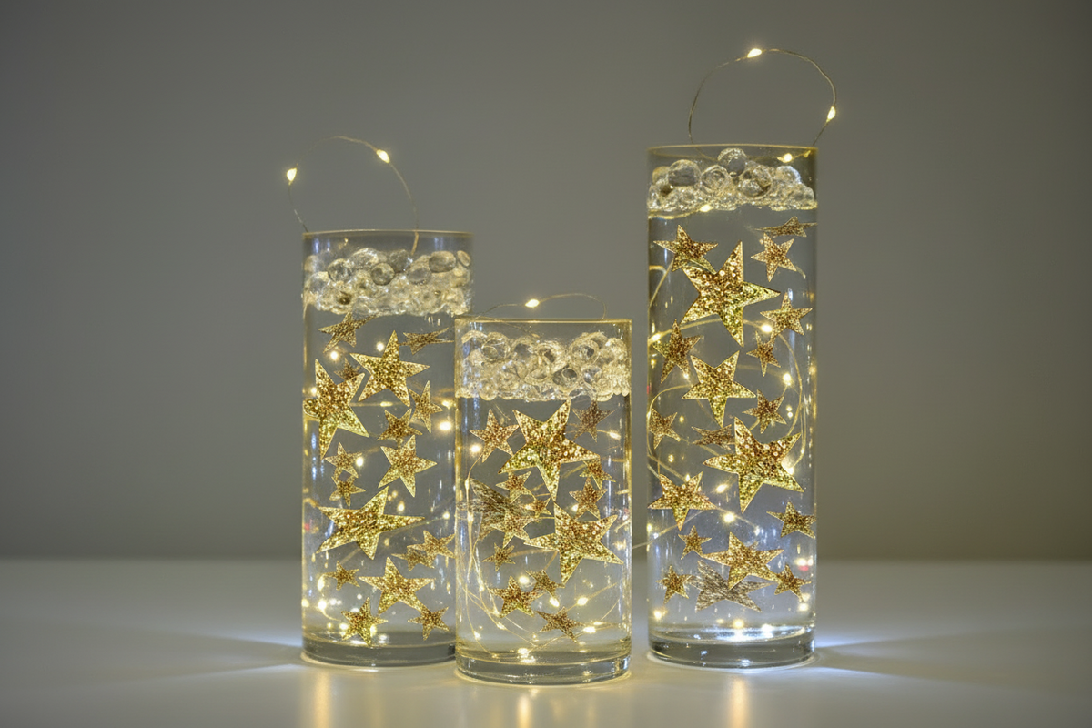 50 Floating Gold Stars- Sparkling- Large Sizes- Fills 1 Gallon of the Transparent Floating Gels for Your Vases- With Pre-Measured Prep Bags- Option of 3 Submersible Fairy Lights Strings