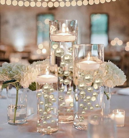 100 Floating Ivory Pearls and Ivory Gems - Large Sizes - Fills 2 Gallons of the Transparent Water Gels for the Floating Effect- With Exclusive Measured Prep Bags - Option: 6 Submersible Fairy Lights Strings
