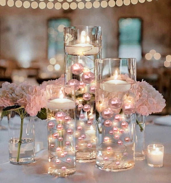 75 Floating Blush Light Pink Pearls-Fills 1 Gallon of Floating Pearls & Transparent Gels for the Floating Effect-With Exclusive Measured Gels Prep Bag-Option 3 Submersible Fairy Lights Strings