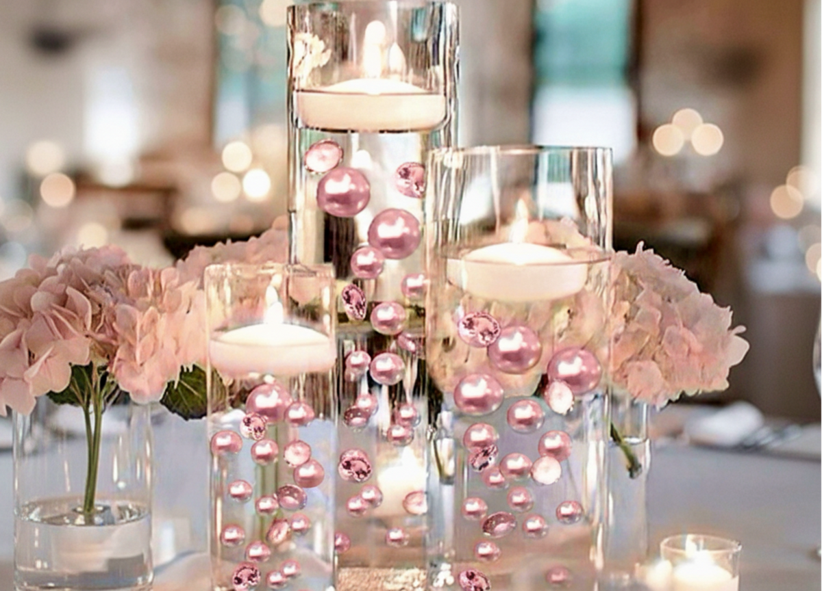 100 Floating Light Pink Pearls with Pink Sparkling Gems- Large Sizes- Option of 3 White or Warm White Submersible Fairy Lights Strings Hidable Submersible Batteries- Fills 2 Gallons of Transparent Water Gels for your Vases with Prep Bags