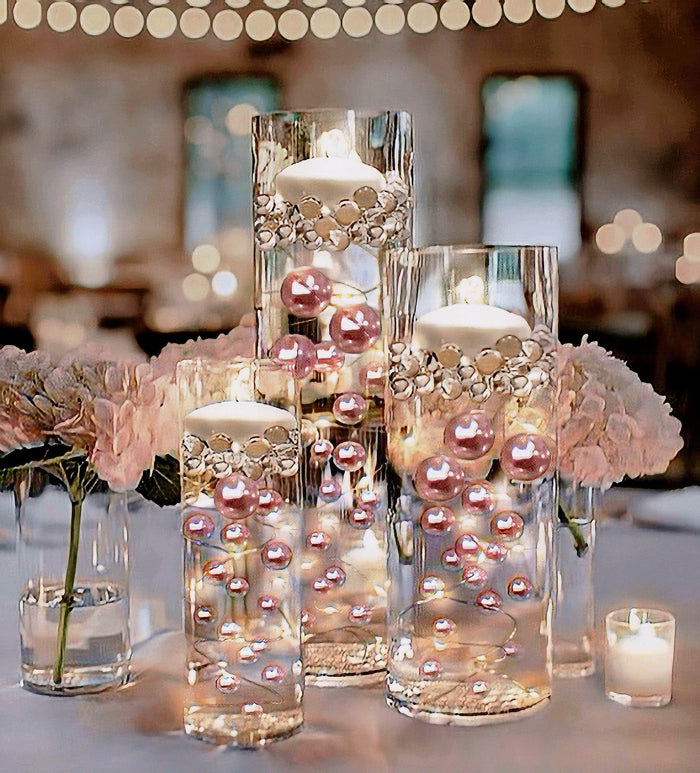 75 Floating Rose Gold Pearls- Large- Option to Add 3 Submersible LED Fairy Lights Strings with Hidable Submersible Batteries- 1 Gallon of Transparent Water Gels for Vases