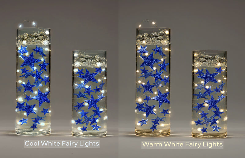 50 Floating Blue Stars-Glitter-1 Pk Fills 1 Gallon for Your Vases-Including Transparent Water Gels Floating Measured Kit-Exclusive-Option: Submersible Fairy Lights Strings-Stunning Vase Decorations