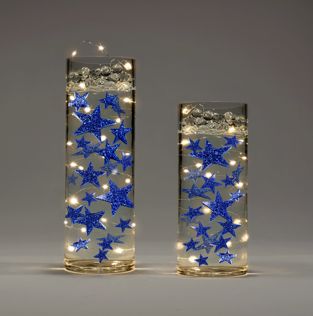 50 Floating Blue Stars-Glitter-1 Pk Fills 1 Gallon for Your Vases-Including Transparent Water Gels Floating Measured Kit-Exclusive-Option: Submersible Fairy Lights Strings-Stunning Vase Decorations