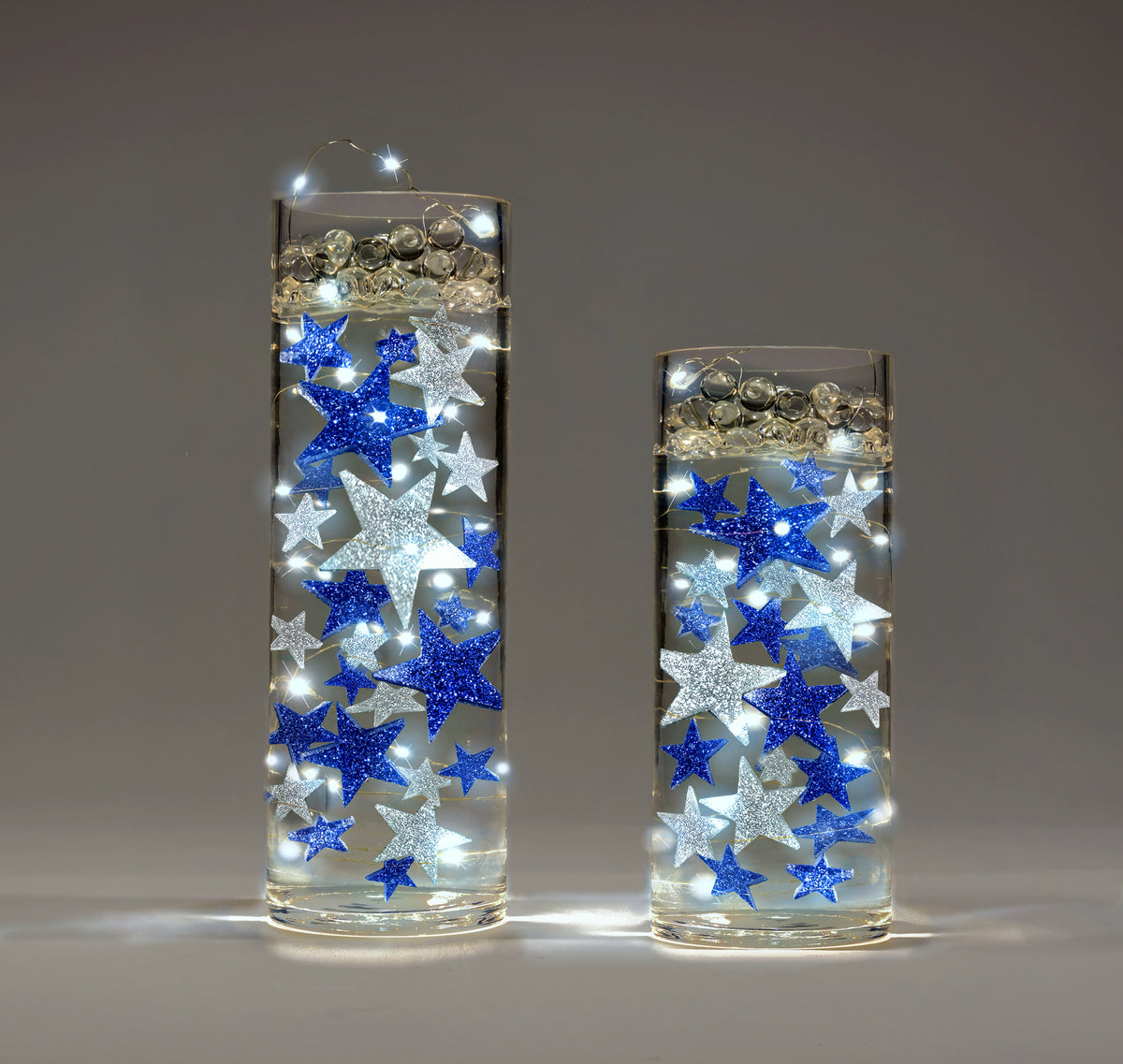 50 Floating Blue Stars-Glitter-1 Pk Fills 1 Gallon for Your Vases-Including Transparent Water Gels Floating Measured Kit-Exclusive-Option: Submersible Fairy Lights Strings-Stunning Vase Decorations