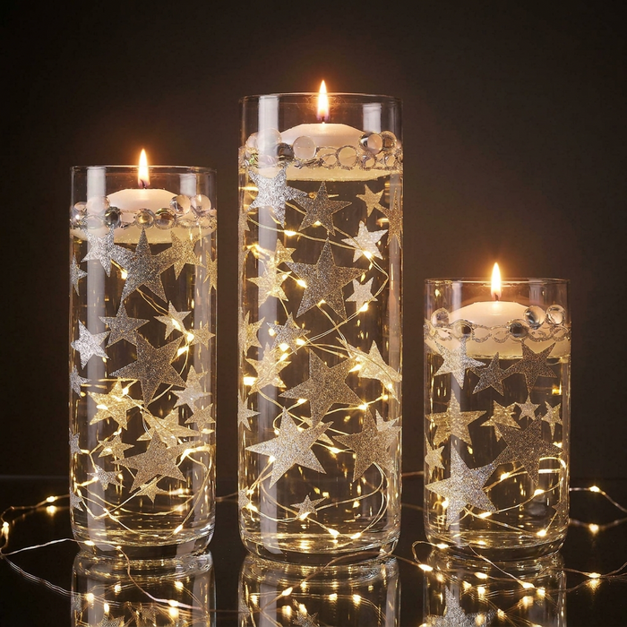 50 Floating Silver Stars Glitter-Fills Gallons for Your Vases With Transparent Floating Gels Kit+ Option 3 Submersible LED Fairy Lights Strings with Hidable and Submersible Battery