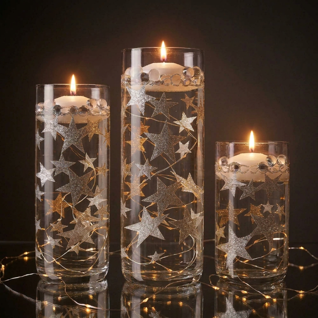 50 Floating Silver Stars Glitter-Fills Gallons for Your Vases With Transparent Floating Gels Kit+ Option 3 Submersible LED Fairy Lights Strings with Hidable and Submersible Battery