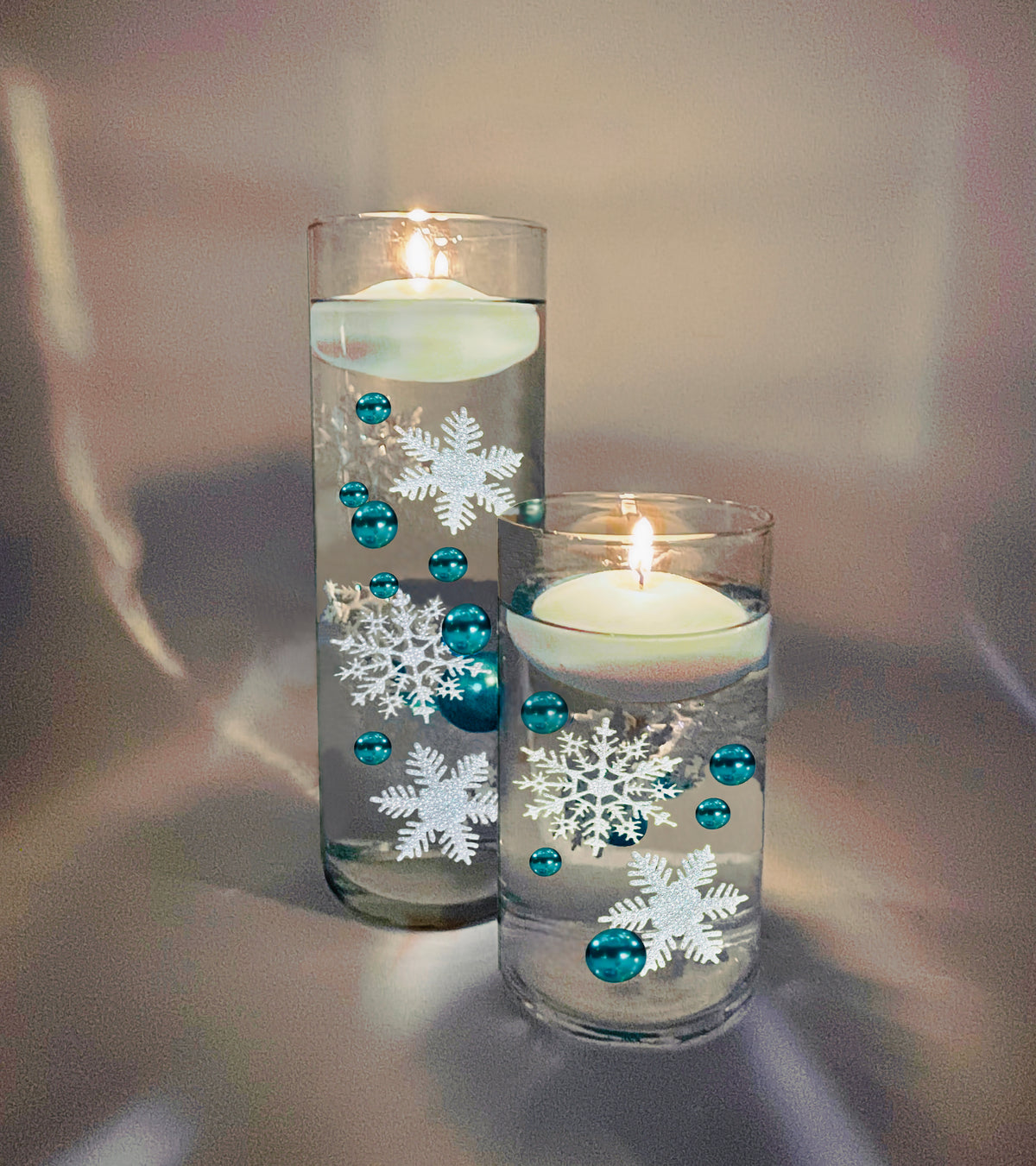 50 Floating Sparkling Snowflakes-Glitter Snowballs-Confetti-Fills 1 Gallon for Your Vases-With Transparent Gels Floating Kit-Option:3 Submersible Fairy Lights Glow-Vase Decorations