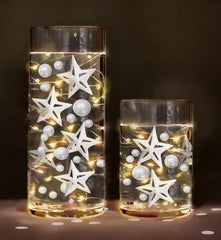 40pc Floating White Stars & Pearls- Option of 3 Submersible LED Fairy Lights Strings with Hidable & Submersible Battery- Fills 1 Gallon of Transparent Gels for the Floating Effect