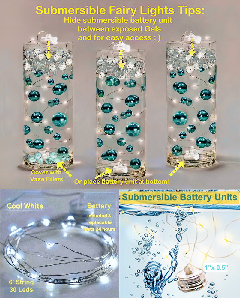 50 Floating White Snowflakes & Pearls- With Transparent Water Gels Fills 1 Gallon for Your Vases- Option: 3 Submersible LED Fairy Lights Strings with Hidable and Submersible Batteries