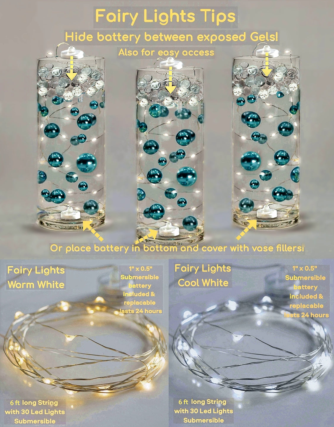 30 Led Fairy Lights on Each String- 3 Strings- Submersible String & Battery- Exclusive Garlands for Vases- Choice of Cool White or Warm White Glow