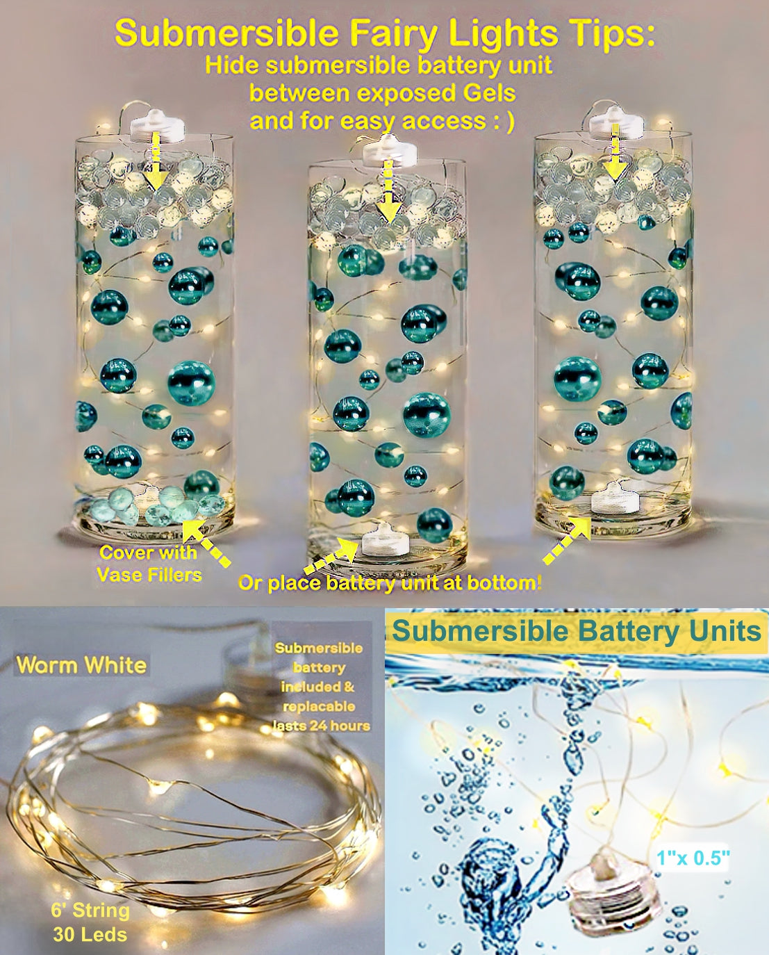 40pc Floating White Stars & Pearls- Option of 3 Submersible LED Fairy Lights Strings with Hidable & Submersible Battery- Fills 1 Gallon of Transparent Gels for the Floating Effect