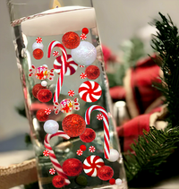 50 Floating Christmas Red White Candy Canes- Peppermints- Candy- Pearls- Option of 3 White or Warm White Submersible Fairy Lights Strings Hidable Submersible Batteries-Fills 1 Gallon of Transparent Water Gels for your Vases with Prep Bag