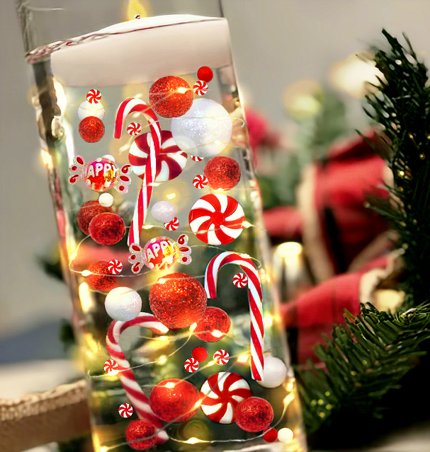 50 Floating Christmas Red White Candy Canes- Peppermints- Candy- Pearls- Option of 3 White or Warm White Submersible Fairy Lights Strings Hidable Submersible Batteries-Fills 1 Gallon of Transparent Water Gels for your Vases with Prep Bag