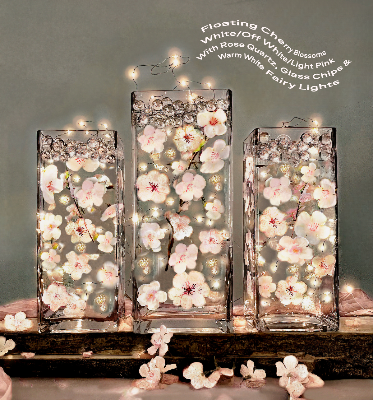 60 Floating White/Ivory/Pink Cherry Blossoms Flowers with Matching Pearls or Tumbled Glass-Fills 1 Gallon of Floating Gels for the Floating Effect-With Exclusive Measured Floating Prep Bag-Option:3 Submersible Fairy Lights Strings