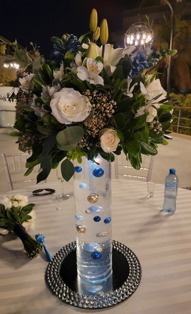 115 Floating Royal Blue/ Navy Pearls & Silver Glitter Pearls-Large-Option of 6 Submersible Fairy Lights Strings with Hidable Submersible Batteries- Fills 2 Gallons of Transparent Water Gels for Your Vases