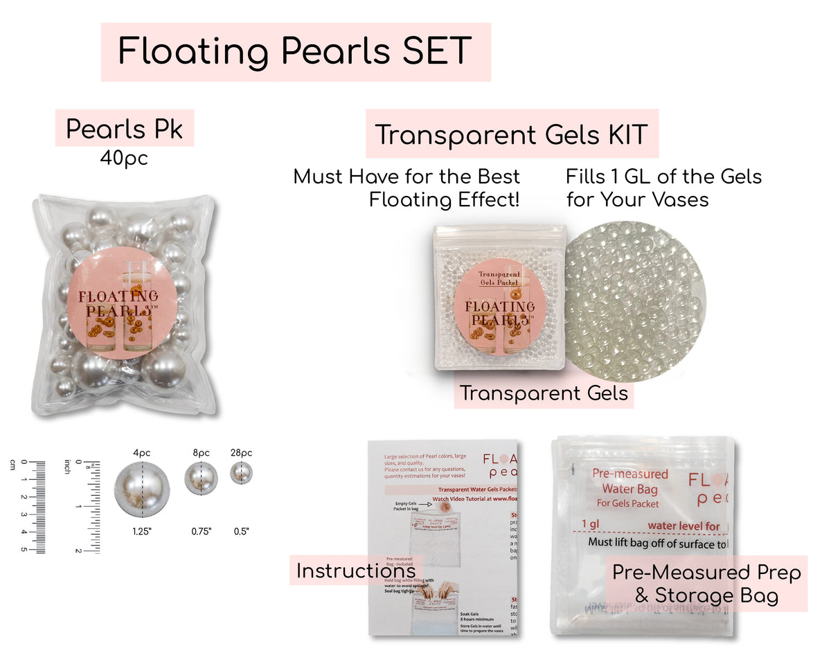 Floating Metallic Silver Pearls-Jumbo Sizes-Fills 1 Gallon of Floating Pearls & the Transparent Gels for Floating Effect-With Exclusive Measured Floating Gels Prep Bag- Option: 3 Submersible Fairy Lights Strings