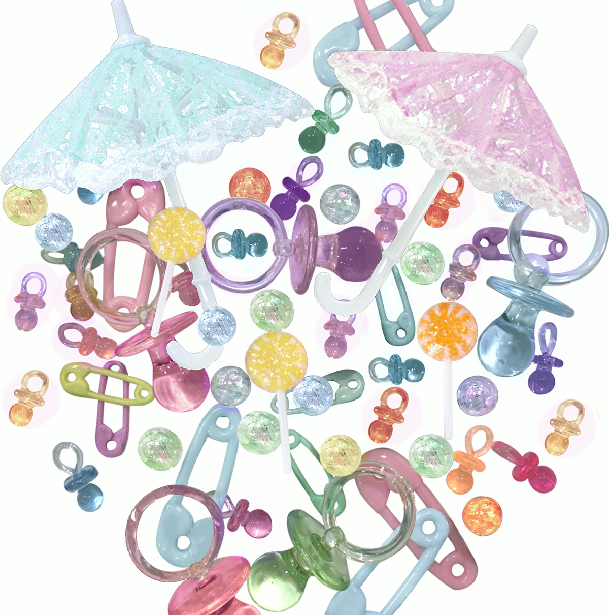 60 Floating Baby Shower- Gender Neutral Colors- Large Vintage Umbrellas- Pacifiers- Safety Pins- Fills 1 Gallon of the Floating Transparent Water Gels for Your Vases- With Exclusive Premeasured Prep Bag-  With Option of 3 Submersible Fairy Lights Strings
