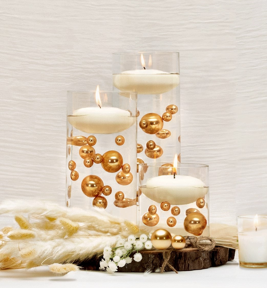 100 Floating Gold Pearls with Gold Sparkling Gems- Large Sizes- Option of 6 White or Warm White Submersible Fairy Lights Strings Hidable Submersible Batteries- Fills 2 Gallons for your Vases