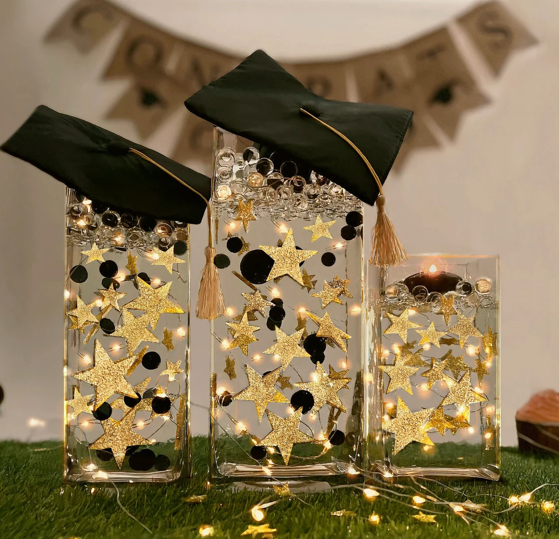 50 Floating Sparkling Gold Stars-Large Sizes- Fills 1 Gallon of Transparent Floating Gels for Your Vases - With Gels Measured Prep Bags - Option of 6 Submersible Fairy Lights Strings