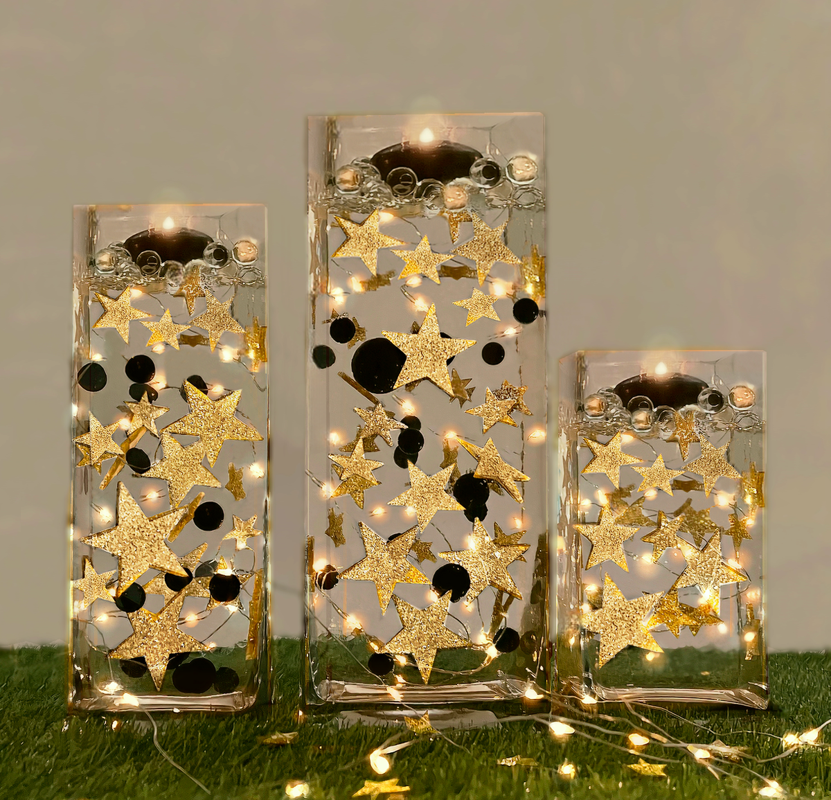 50 Floating Sparkling Gold Stars-Large Sizes- Fills 1 Gallon of Transparent Floating Gels for Your Vases - With Gels Measured Prep Bags - Option of 6 Submersible Fairy Lights Strings