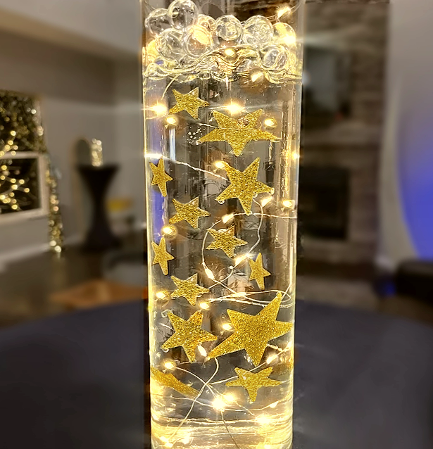 50 Floating Sparkling Gold Stars-Large Sizes- Fills 1 Gallon of Transparent Floating Gels for Your Vases - With Gels Measured Prep Bags - Option of 6 Submersible Fairy Lights Strings