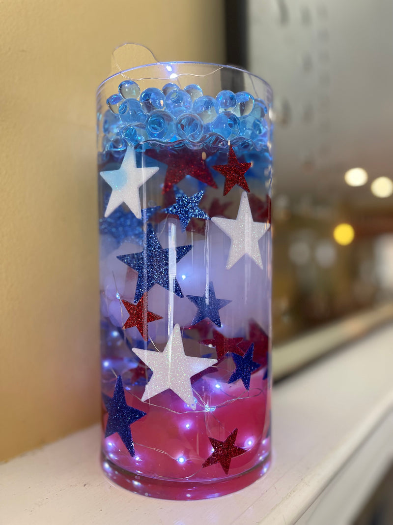 75 Floating Glitter Patriotic Stars & Red/Blue Color Effects- Fill 1 Gallon of Transparent Gels for Floating Effect-With Measured Floating Gels Bag-Option of 3 Fairy Lights Strings