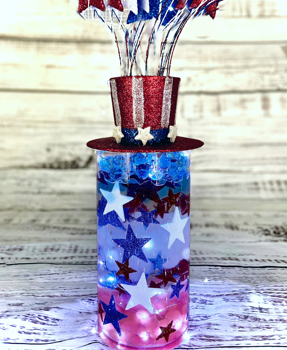 75 Floating Glitter Patriotic Stars & Red/Blue Color Effects- Fill 1 Gallon of Transparent Gels for Floating Effect-With Measured Floating Gels Bag-Option of 3 Fairy Lights Strings