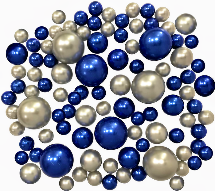 115 Floating Royal Blue/Navy Pearls & Silver Glitter Pearls-Large- Option of 6 Submersible Fairy Lights Strings with Hidable Submersible Batteries- Fills 2 Gallons of Transparent Water Gels for Your Vases