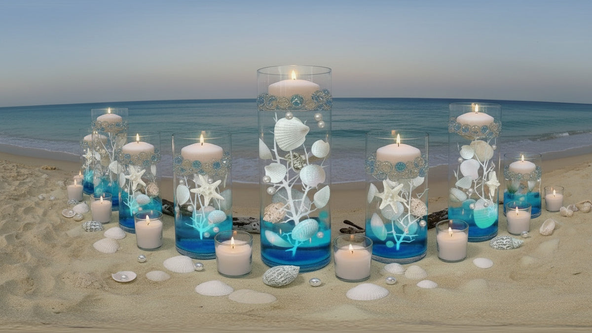 75 Floating Seashells White with a Few Mixed- Coral Reef- Pearls- Aqua Beads- Option of 3 Submersible LED Fairy Lights Strings Warm White (Hidable Submersible Batteries)- Fills 1 Gallon of the Transparent Gels