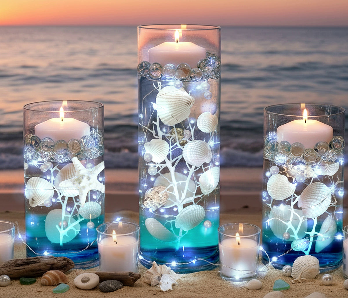 75 Floating Seashells White with a Few Mixed- Coral Reef- Pearls- Aqua Beads- Option of 3 Submersible LED Fairy Lights Strings Warm White (Hidable Submersible Batteries)- Fills 1 Gallon of the Transparent Gels