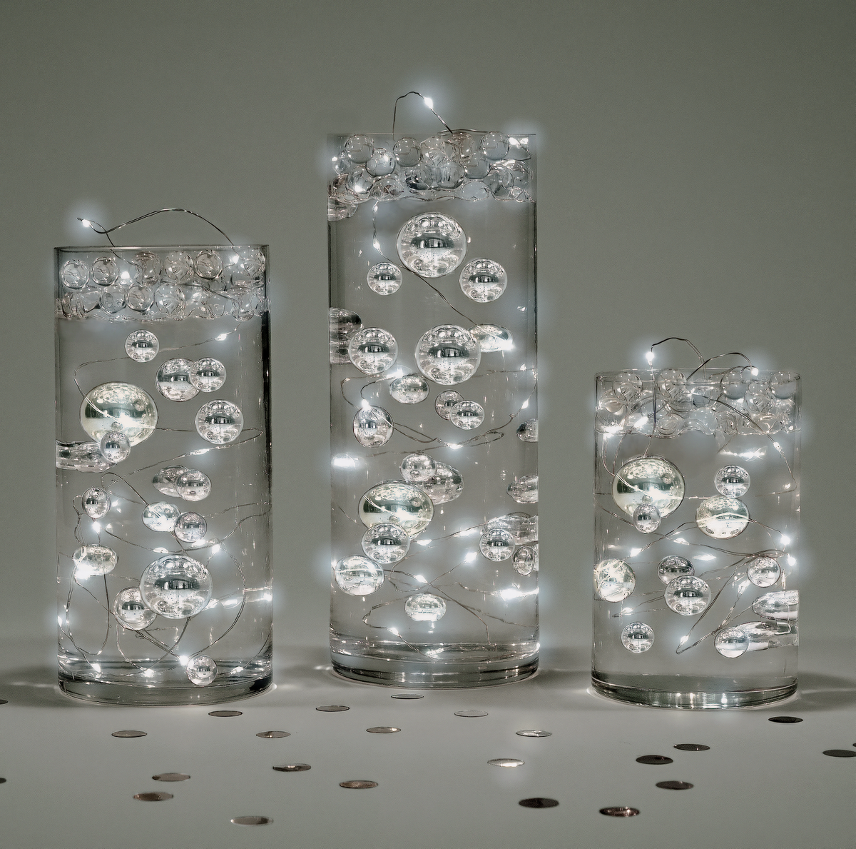 Floating Metallic Silver Pearls-Jumbo Sizes-Fills 1 Gallon of Floating Pearls & the Transparent Gels for Floating Effect-With Exclusive Measured Floating Gels Prep Bag- Option: 3 Submersible Fairy Lights Strings