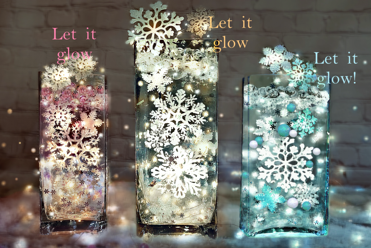 50 Floating Sparkling Snowflakes-Glitter Snowballs-Confetti-Fills 1 Gallon for Your Vases-With Transparent Gels Floating Kit-Option:3 Submersible Fairy Lights Glow-Vase Decorations