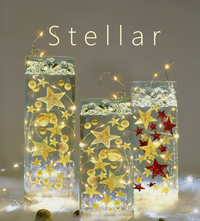 50 Floating Sparkling Gold Stars-Large Sizes- Fills 1 Gallon of Transparent Floating Gels for Your Vases - With Gels Measured Prep Bags - Option of 6 Submersible Fairy Lights Strings