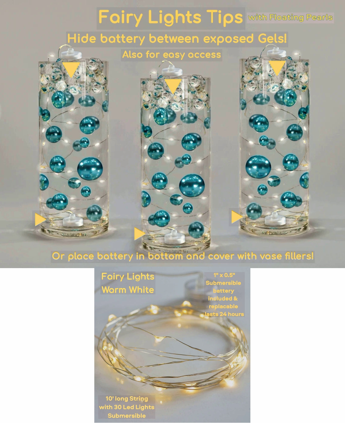 1 GL Floating Gold Glitter Pearls with Option of Submersible Fairy Lights - with Pre-Measured Prep & Storage Bags - Vase Decorations