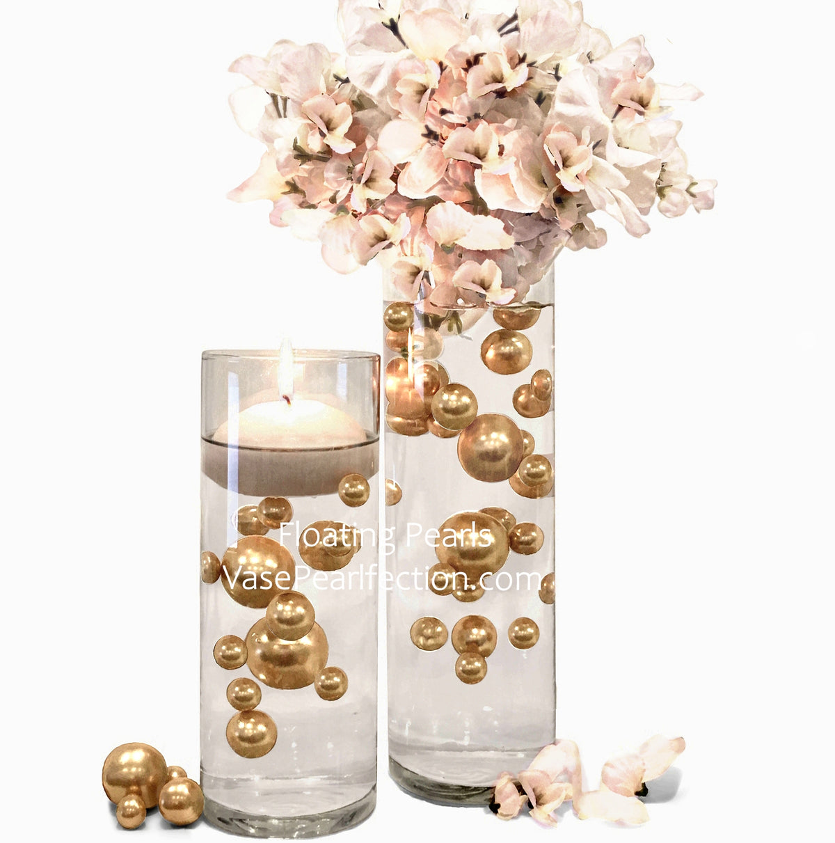 100 Floating Gold Pearls with Gold Sparkling Gems- Large Sizes- Option of 6 White or Warm White Submersible Fairy Lights Strings Hidable Submersible Batteries- Fills 2 Gallons for your Vases