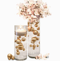 100 Floating Gold Pearls with Gold Sparkling Gems- Large Sizes- Option of 6 White or Warm White Submersible Fairy Lights Strings Hidable Submersible Batteries- Fills 2 Gallons for your Vases