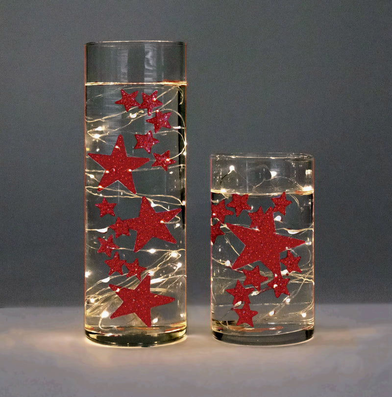 Floating Red Sparkling Stars-Large Sizes-Fills 1 Gallon for Your Vases-With Option: 3 Submersible Fairy Lights-Vase Decorations