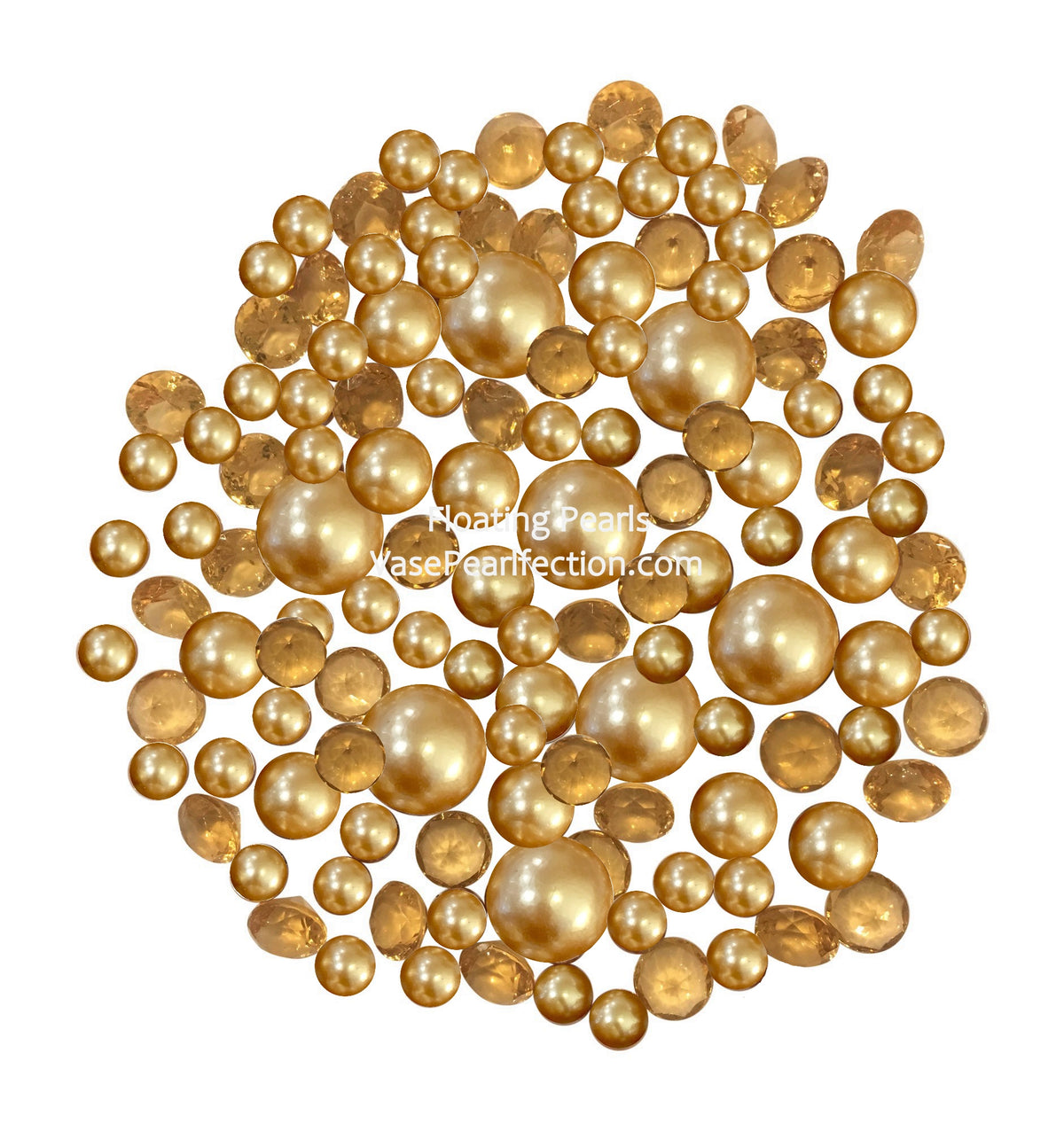 100 Floating Gold Pearls with Gold Sparkling Gems- Large Sizes- Option of 6 White or Warm White Submersible Fairy Lights Strings Hidable Submersible Batteries- Fills 2 Gallons for your Vases