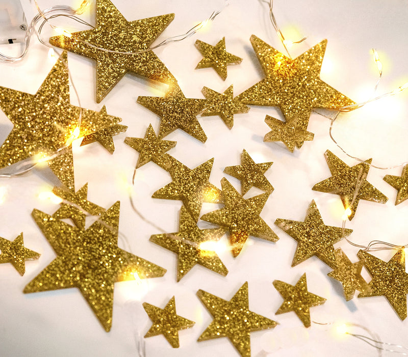 50 Floating Sparkling Gold Stars-Large Sizes- Fills 1 Gallon of Transparent Floating Gels for Your Vases - With Gels Measured Prep Bags - Option of 6 Submersible Fairy Lights Strings