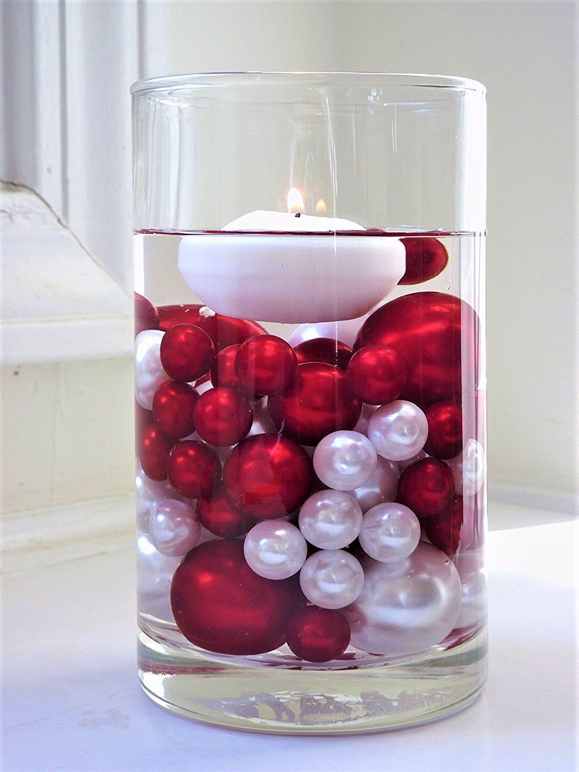 100 Floating Red Pearls and Sparkling Gems- Large Sizes- Option of 3 Submersible Fairy Lights Strings Hidable Submersible Batteries- 2 Gallons of Transparent Water Gels for Vases