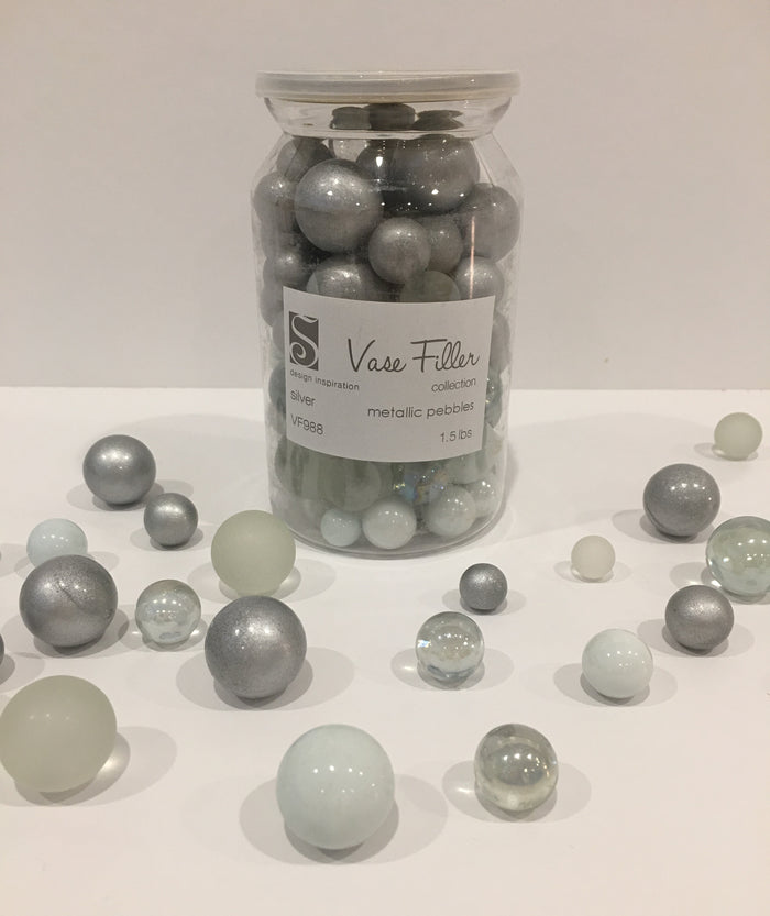 *Clearance* 80 Silver Themed Glass Marbles - No Hole Jumbo/Assorted Sizes Vase Fillers for Decorating Centerpieces